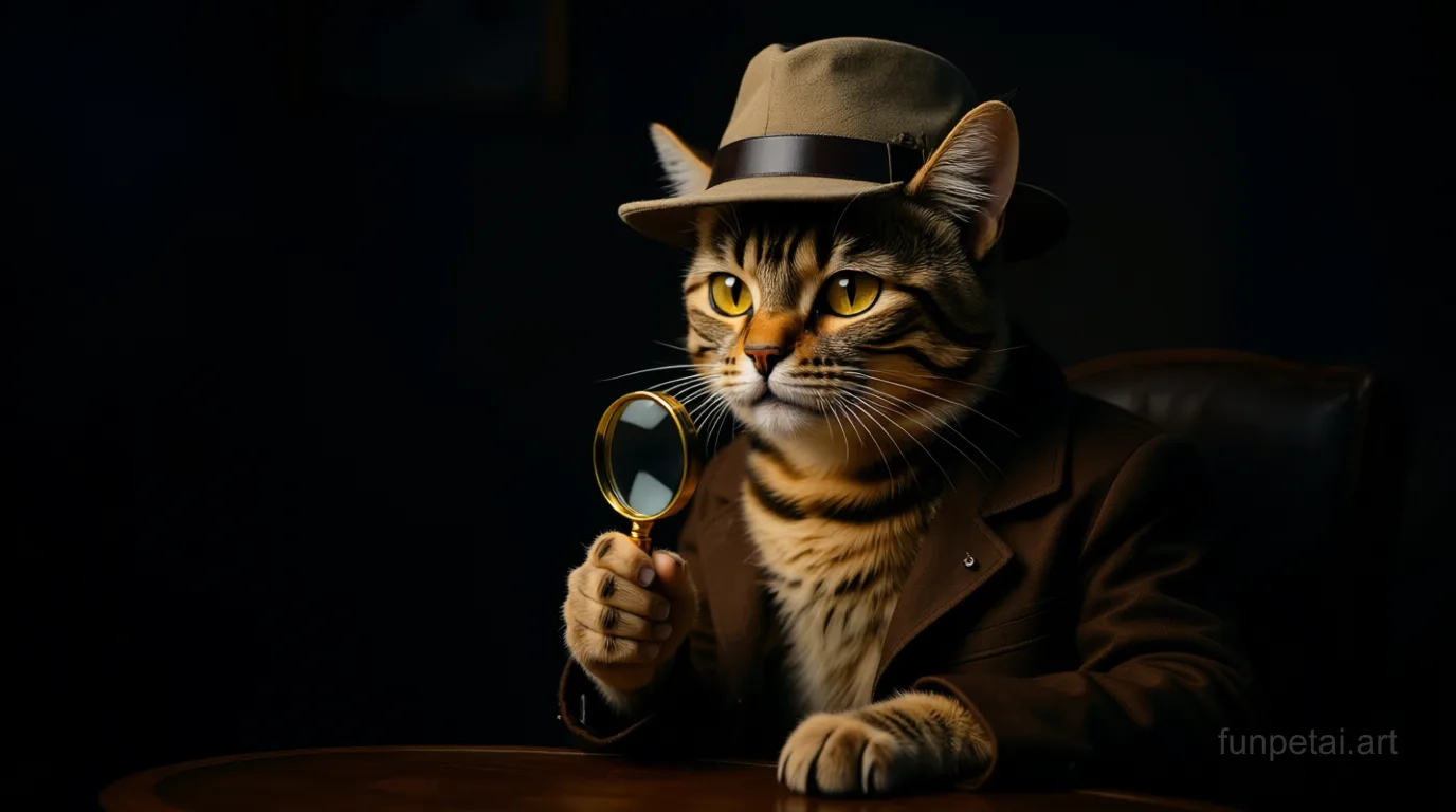 Munchkin as a detective with a deerstalker hat and magnifier, cinematic AI pet portrait
