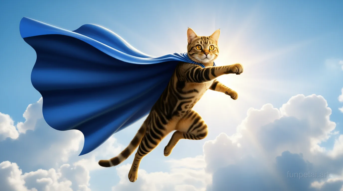 Munchkin as a superhero with a cape and heroic sky, cinematic AI pet portrait