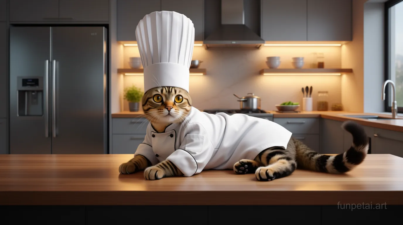 Munchkin wearing a chef hat in a modern kitchen, cinematic AI pet portrait
