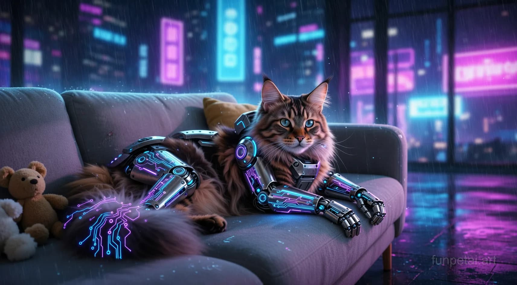 Norwegian Forest Cat in neon cyberpunk city lights with metallic accents, cinematic AI pet portrait