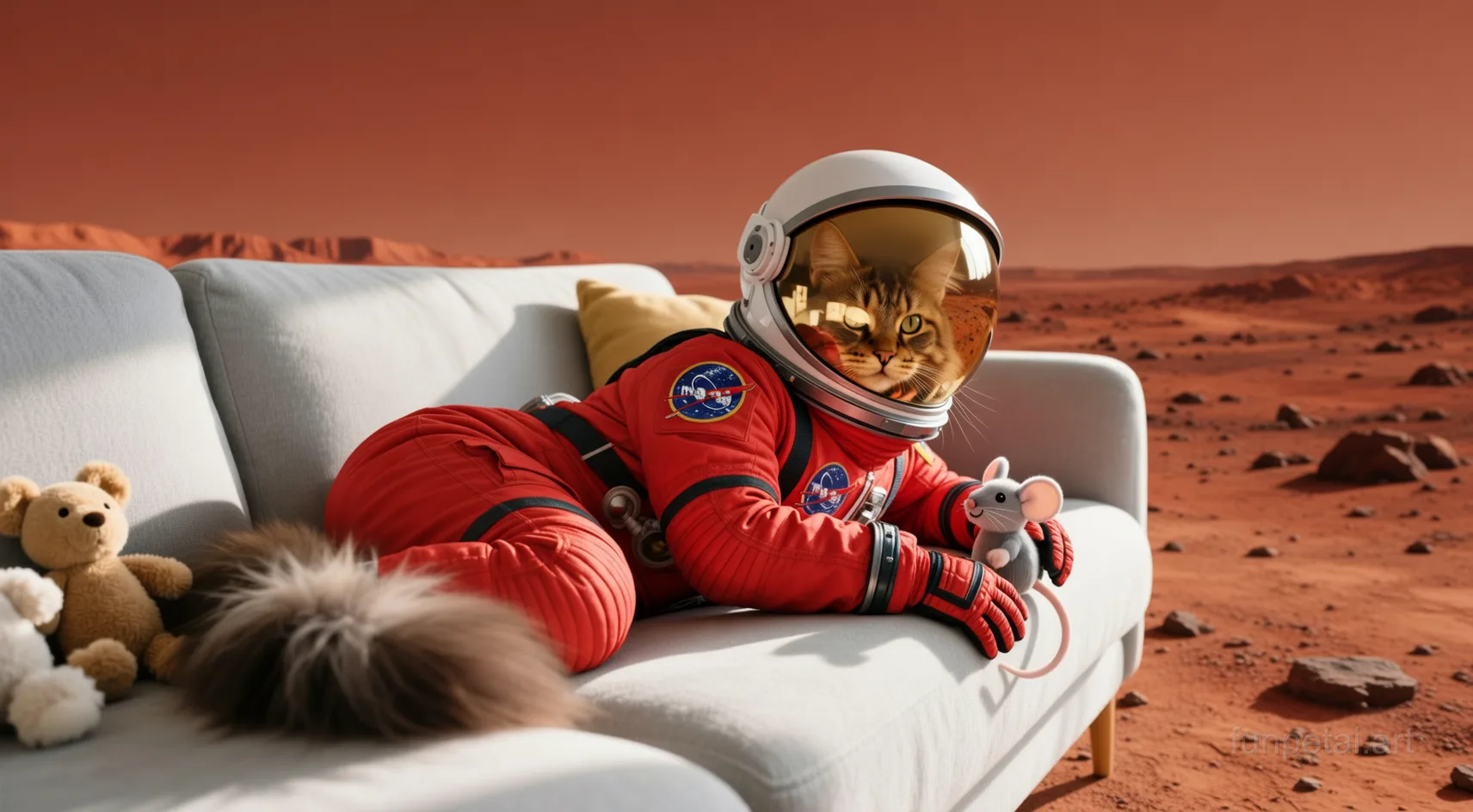 Norwegian Forest Cat wearing a space suit on Mars, red planet glow, cinematic AI pet portrait
