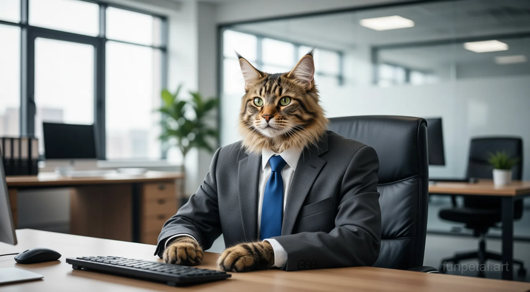 Norwegian Forest Cat in a tailored suit at a modern office desk, cinematic AI pet portrait