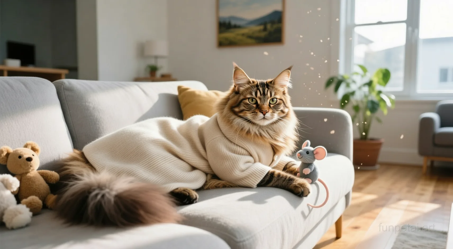 Norwegian Forest Cat in an old money portrait with cashmere texture, cinematic AI pet portrait