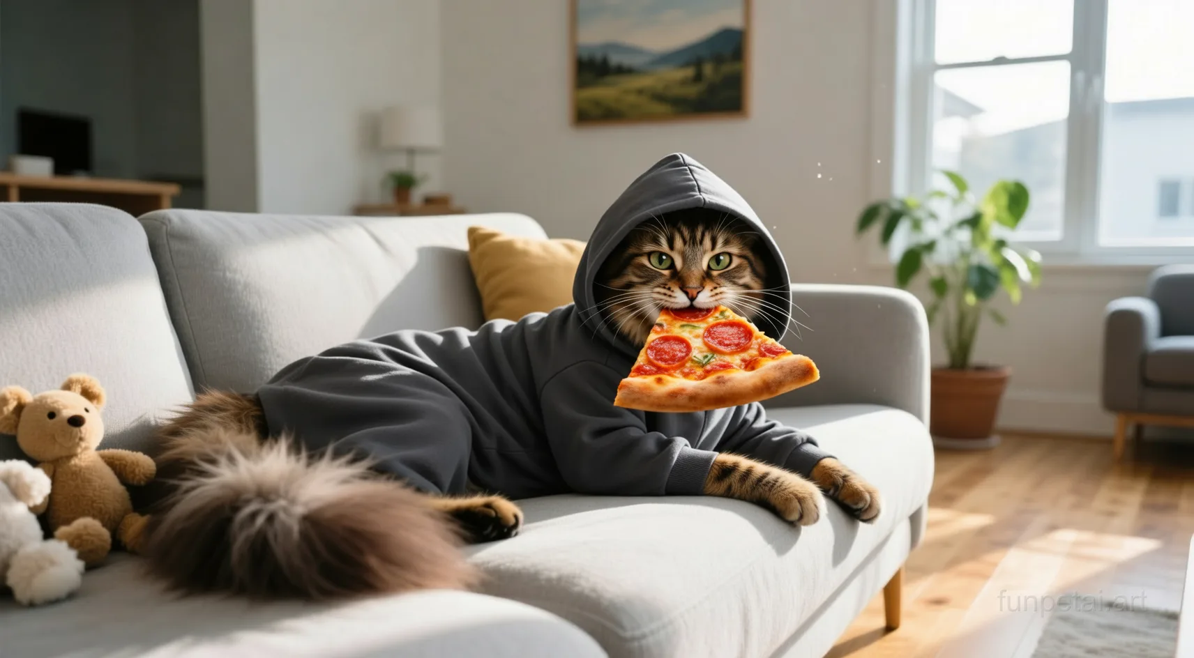 Norwegian Forest Cat stealing a pizza slice with a playful expression, cinematic AI pet portrait