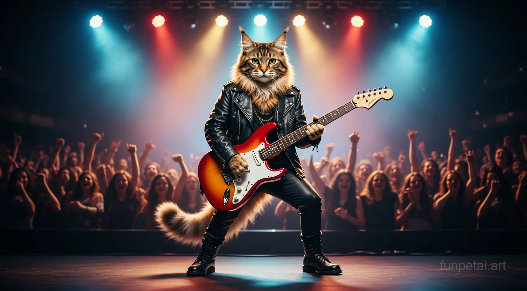 Norwegian Forest Cat on stage with an electric guitar and concert lights, cinematic AI pet portrait