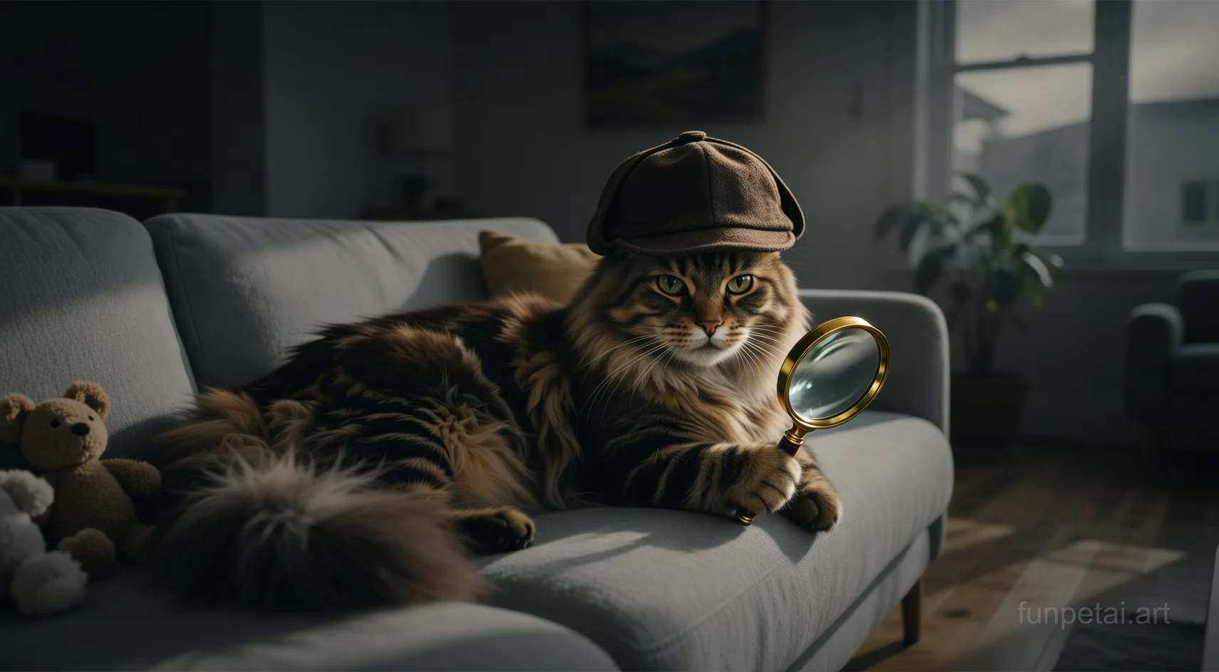 Norwegian Forest Cat as a detective with a deerstalker hat and magnifier, cinematic AI pet portrait