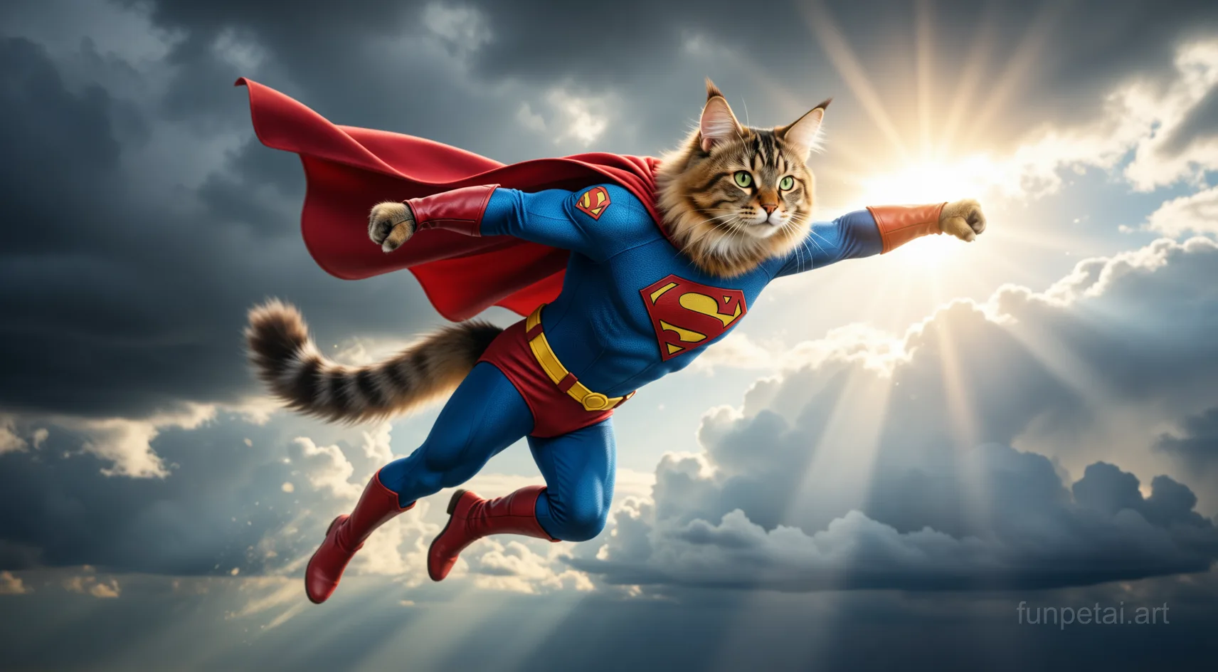 Norwegian Forest Cat as a superhero with a cape and heroic sky, cinematic AI pet portrait