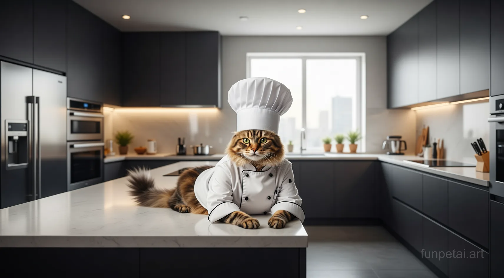 Norwegian Forest Cat wearing a chef hat in a modern kitchen, cinematic AI pet portrait