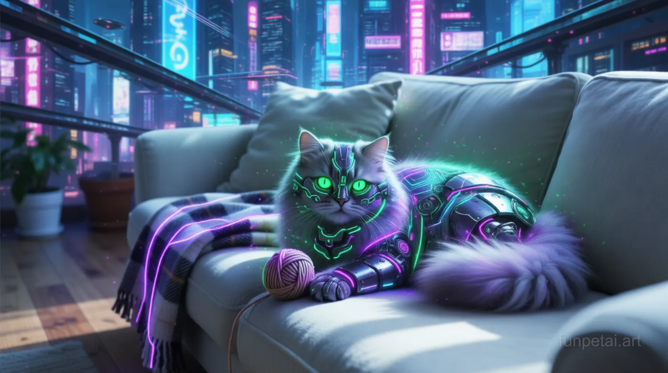Persian in neon cyberpunk city lights with metallic accents, cinematic AI pet portrait