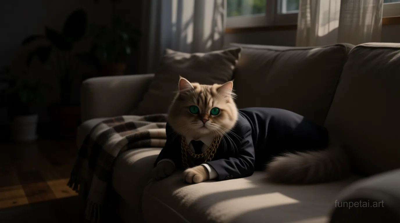 Persian in a dark suit with gold chain, cinematic noir lighting, cinematic AI pet portrait