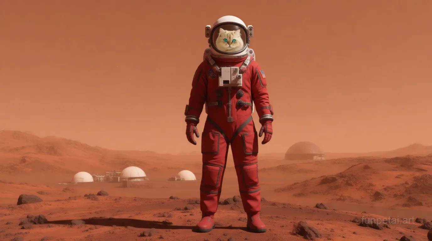 Persian wearing a space suit on Mars, red planet glow, cinematic AI pet portrait