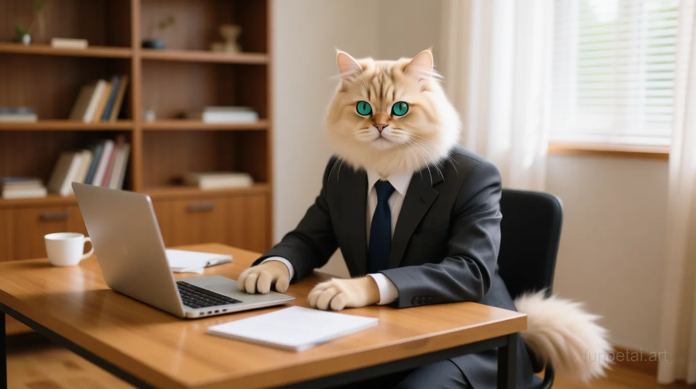 Persian in a tailored suit at a modern office desk, cinematic AI pet portrait
