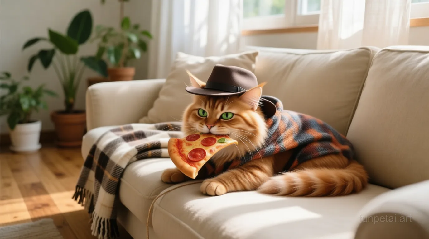 Persian stealing a pizza slice with a playful expression, cinematic AI pet portrait