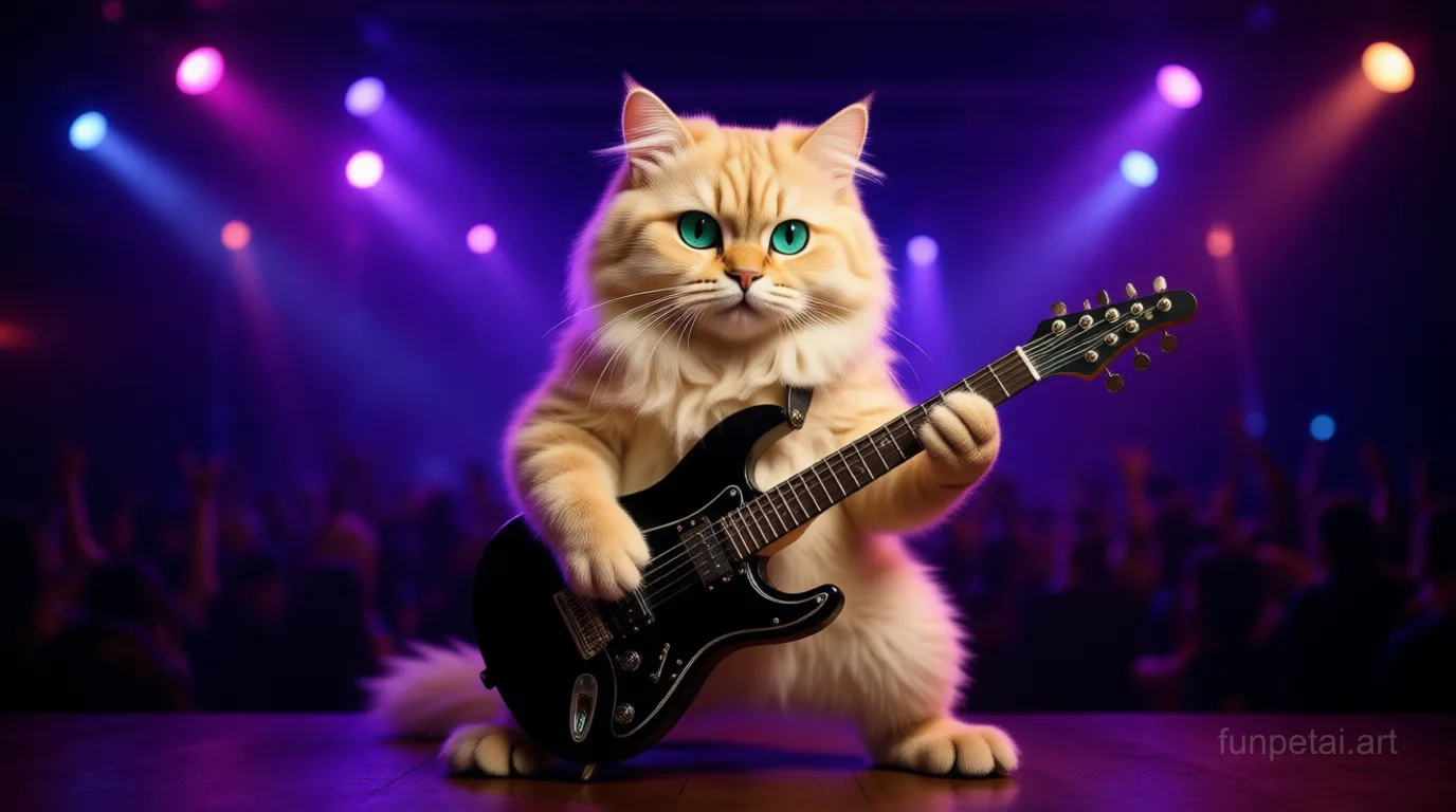 Persian on stage with an electric guitar and concert lights, cinematic AI pet portrait