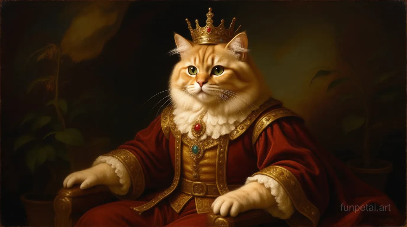 Persian in a royal portrait with ornate outfit, classic oil texture, cinematic AI pet portrait