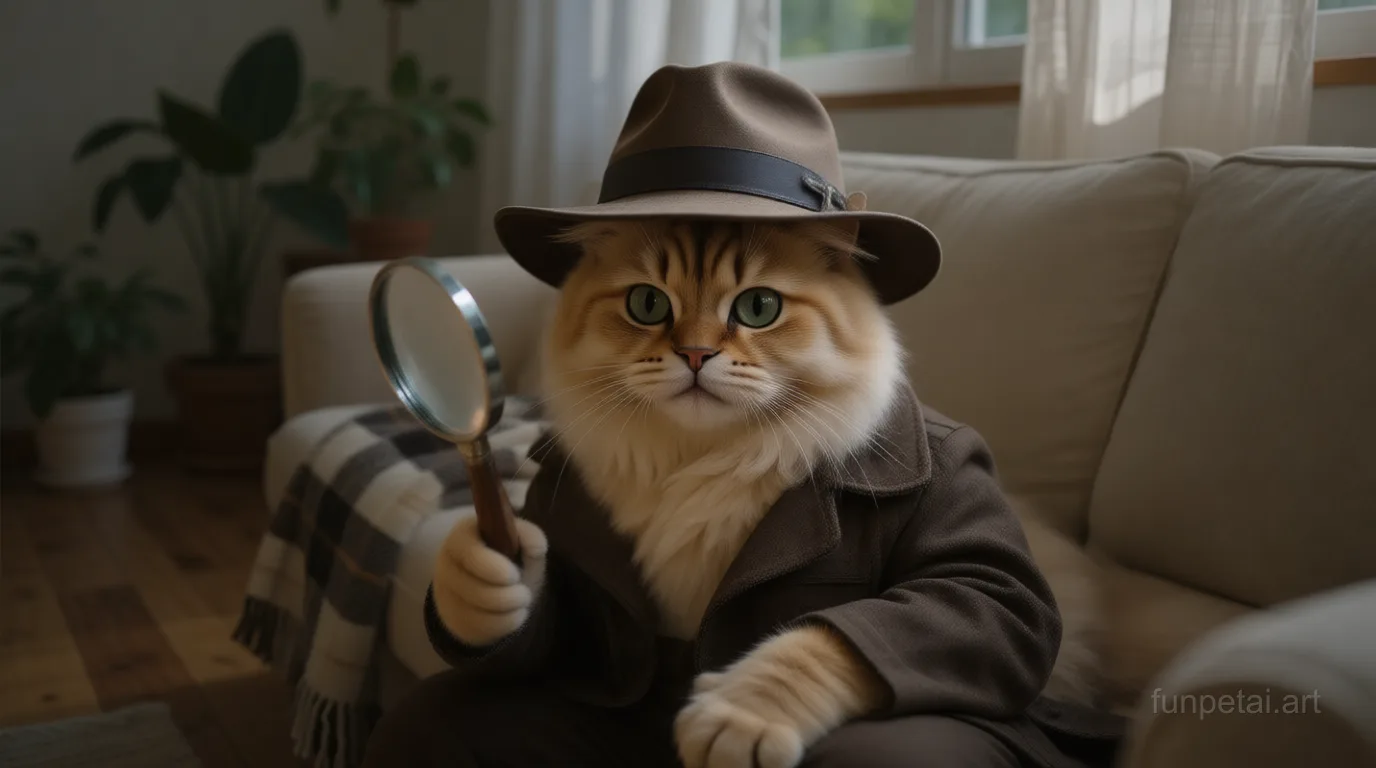 Persian as a detective with a deerstalker hat and magnifier, cinematic AI pet portrait