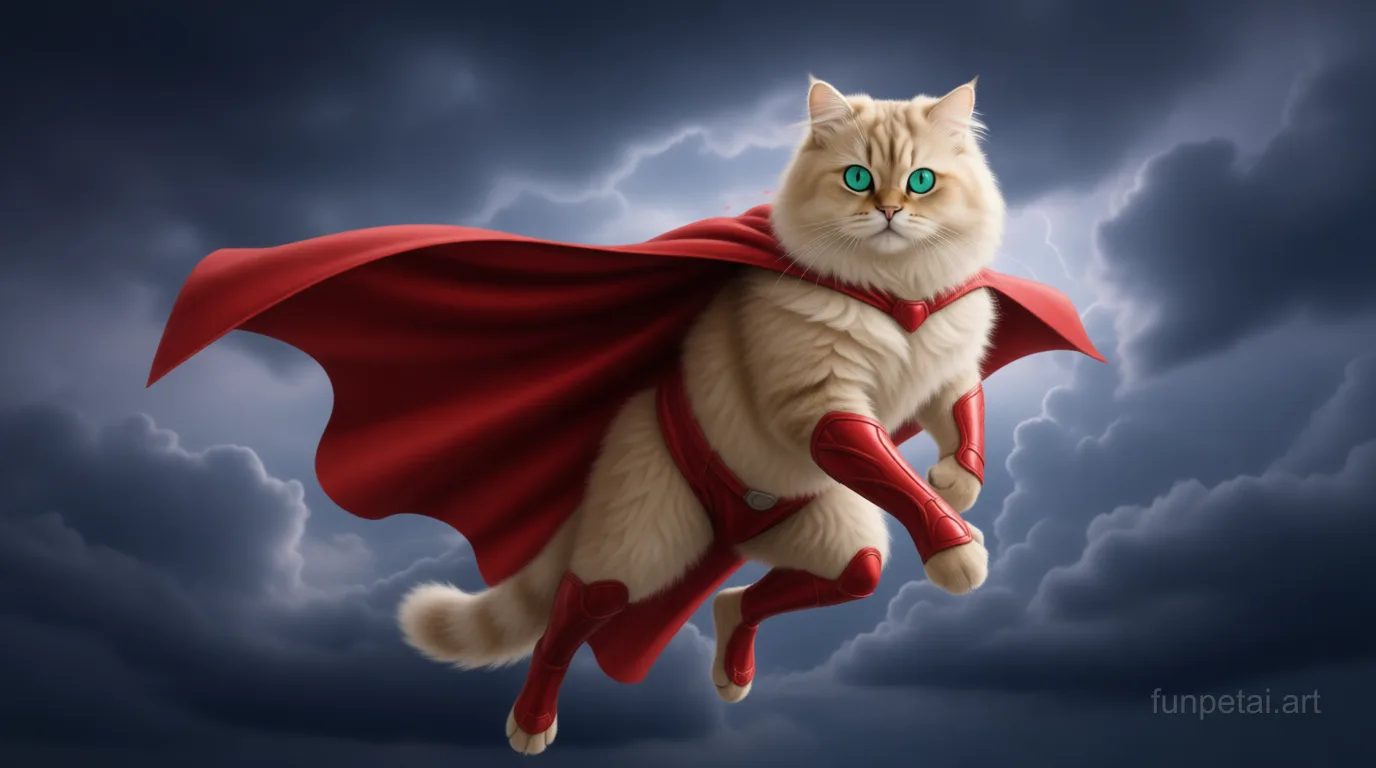 Persian as a superhero with a cape and heroic sky, cinematic AI pet portrait