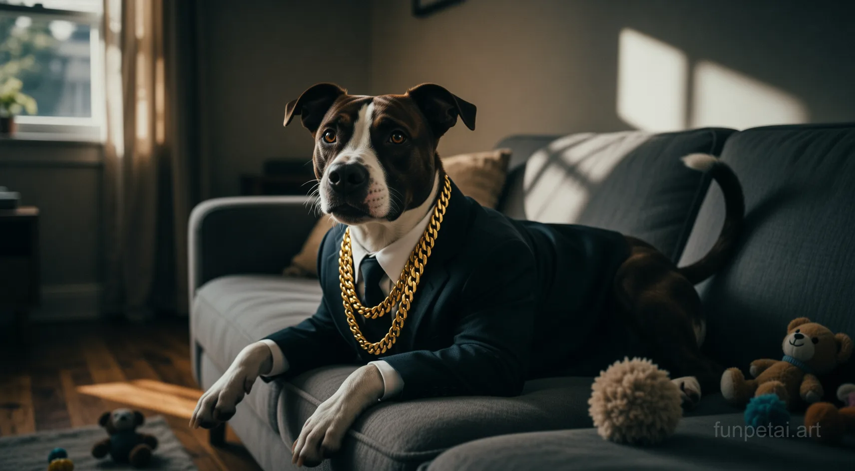 Pit Bull in a dark suit with gold chain, cinematic noir lighting, cinematic AI pet portrait
