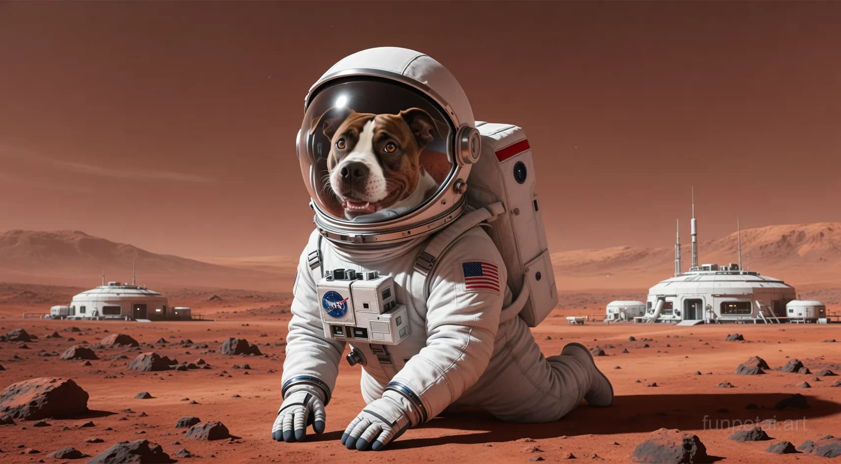 Pit Bull wearing a space suit on Mars, red planet glow, cinematic AI pet portrait