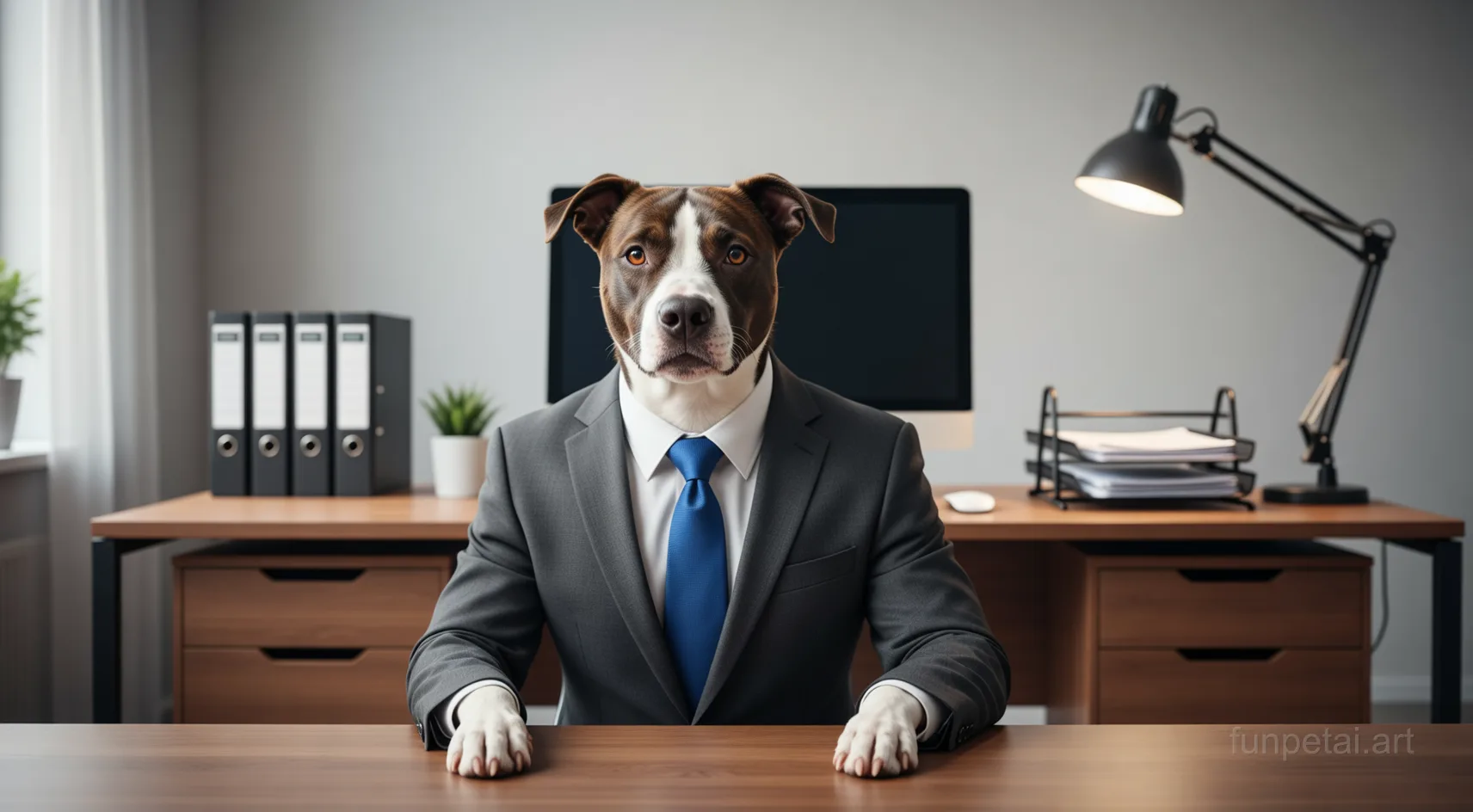 Pit Bull in a tailored suit at a modern office desk, cinematic AI pet portrait
