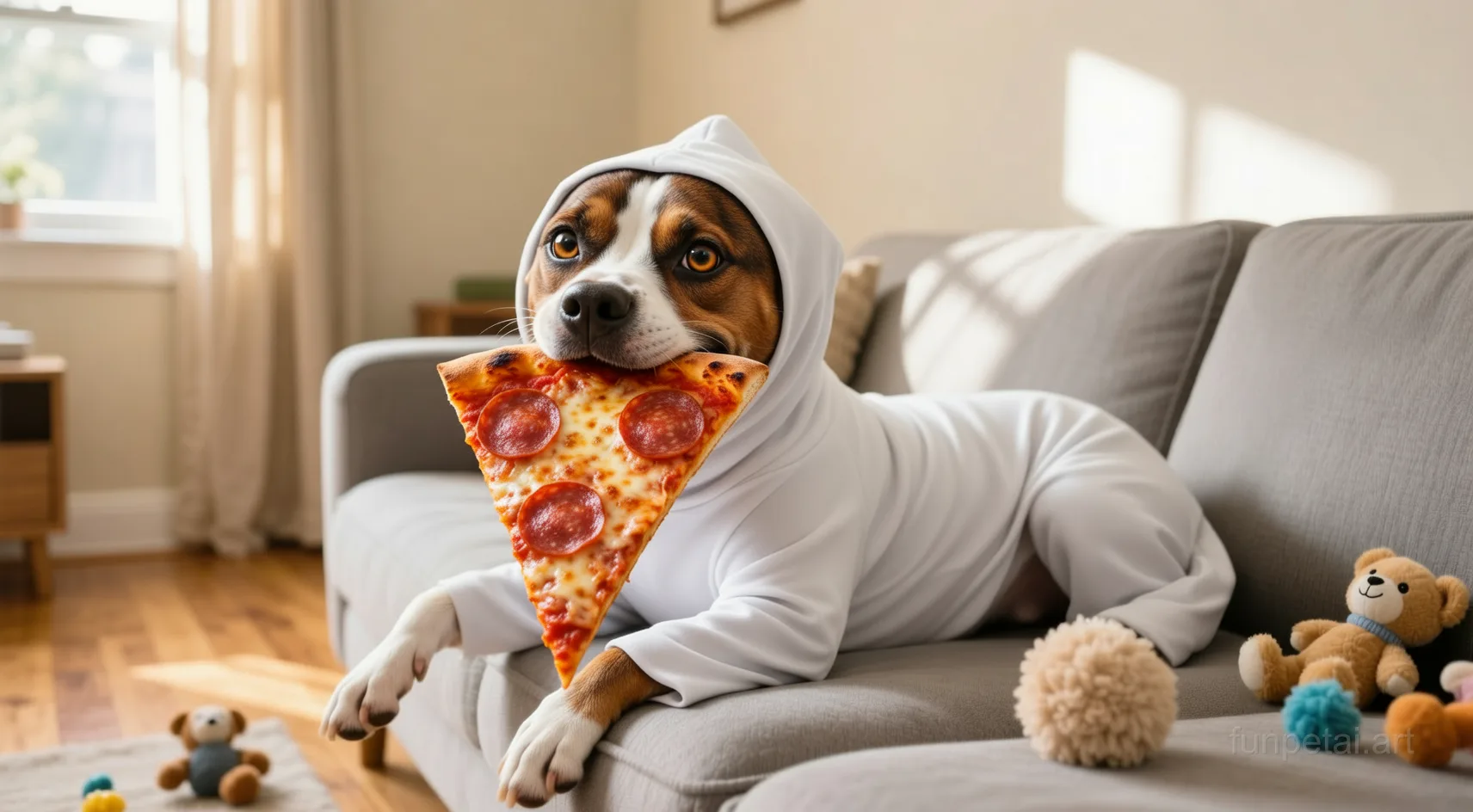 Pit Bull stealing a pizza slice with a playful expression, cinematic AI pet portrait