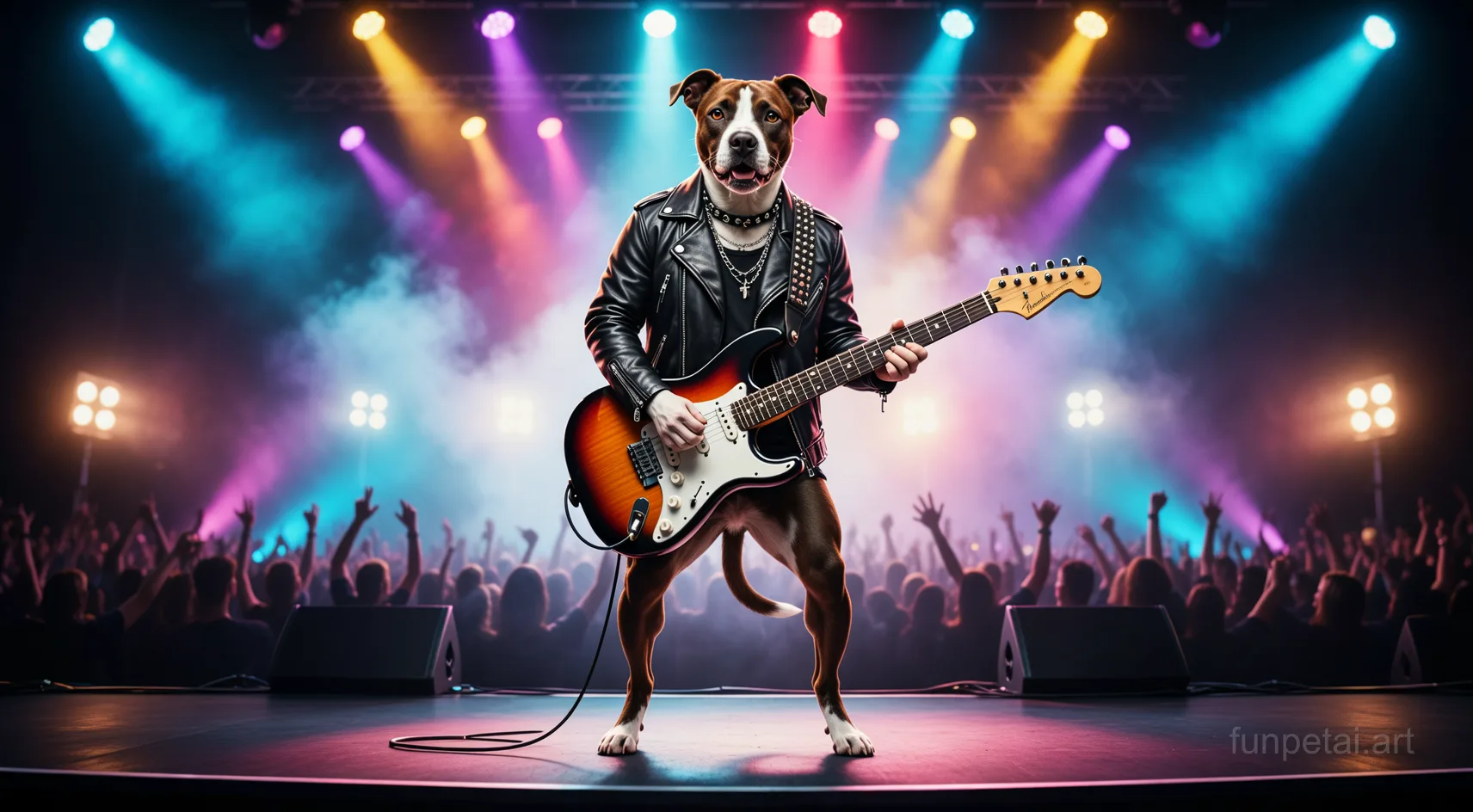 Pit Bull on stage with an electric guitar and concert lights, cinematic AI pet portrait