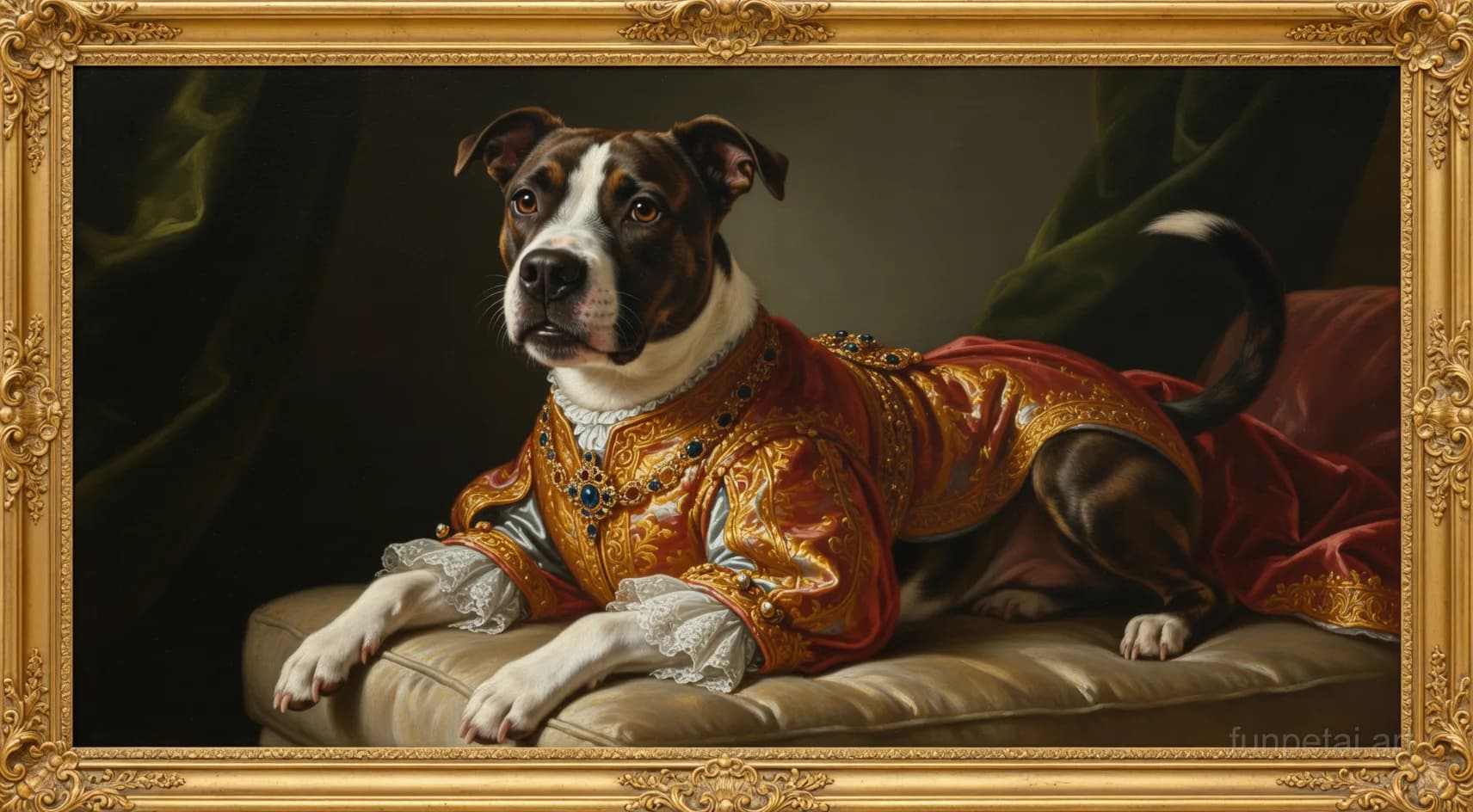 Pit Bull in a royal portrait with ornate outfit, classic oil texture, cinematic AI pet portrait