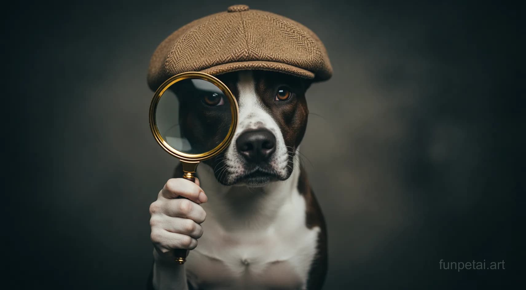 Pit Bull as a detective with a deerstalker hat and magnifier, cinematic AI pet portrait