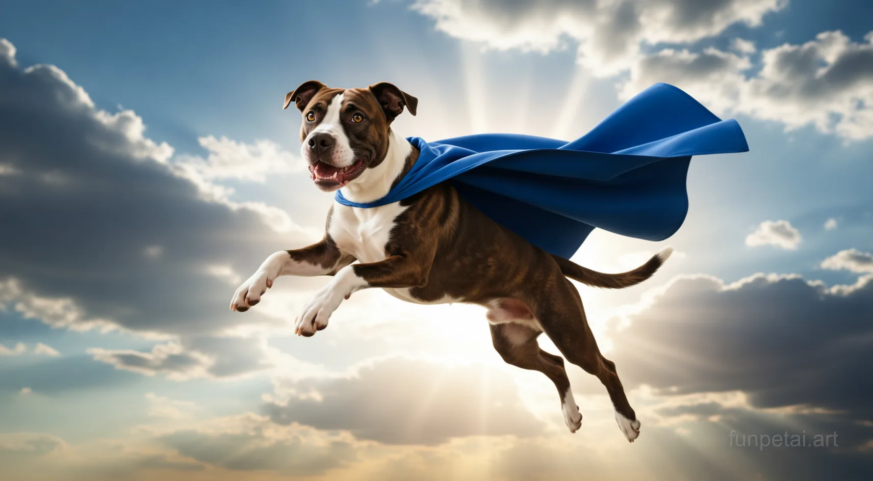 Pit Bull as a superhero with a cape and heroic sky, cinematic AI pet portrait