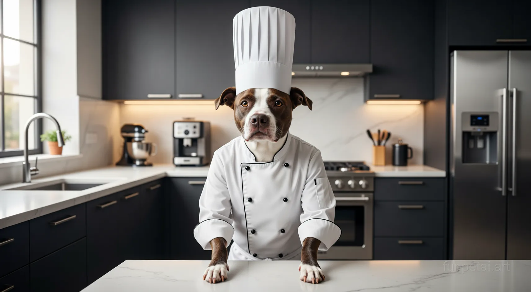 Pit Bull wearing a chef hat in a modern kitchen, cinematic AI pet portrait