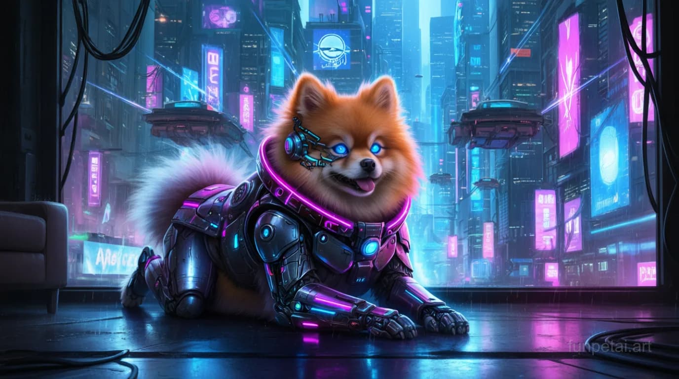 Pomeranian in neon cyberpunk city lights with metallic accents, cinematic AI pet portrait