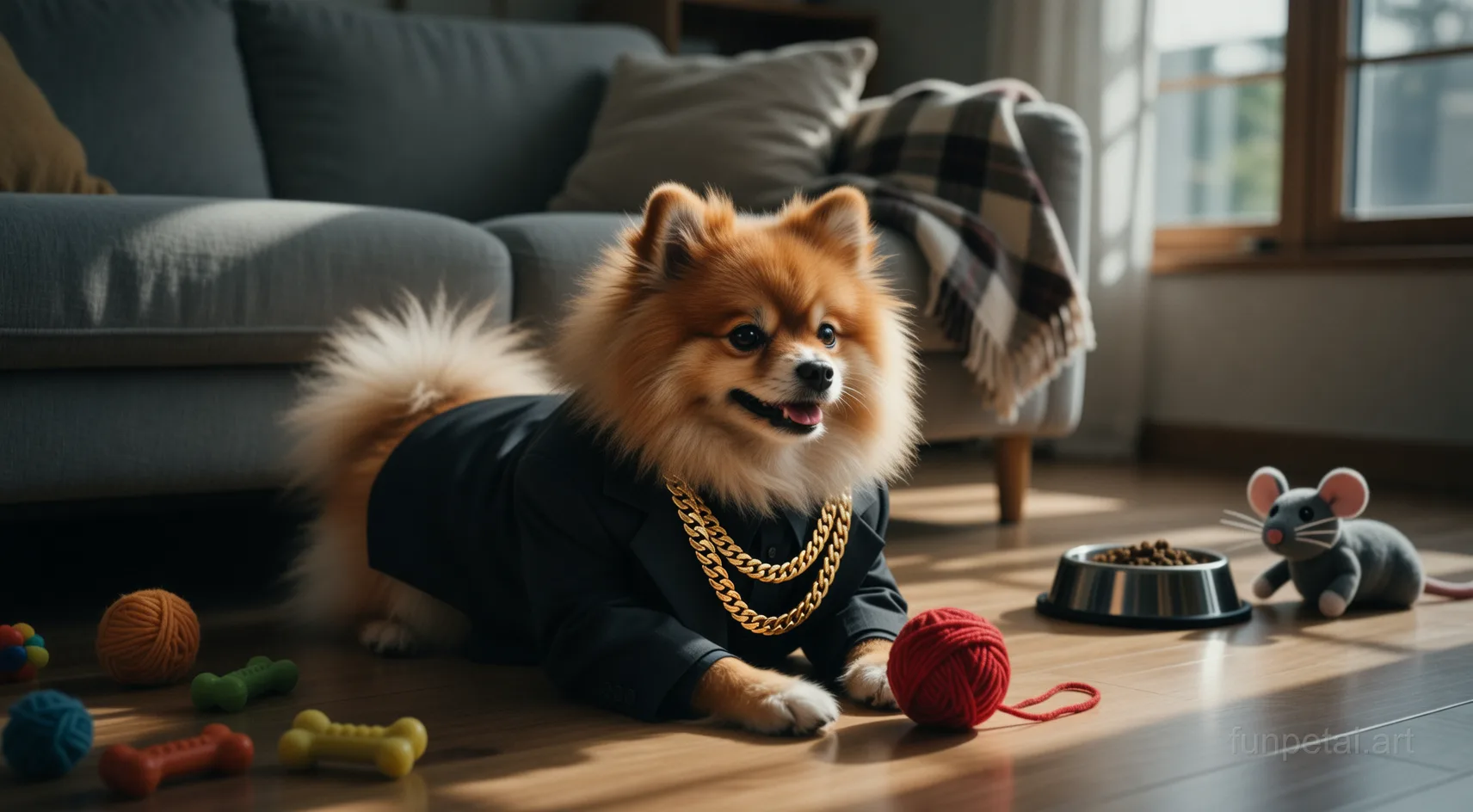 Pomeranian in a dark suit with gold chain, cinematic noir lighting, cinematic AI pet portrait