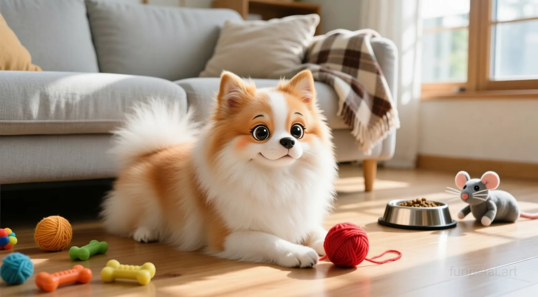 Pomeranian with a tiny-face studio portrait look, cinematic AI pet portrait