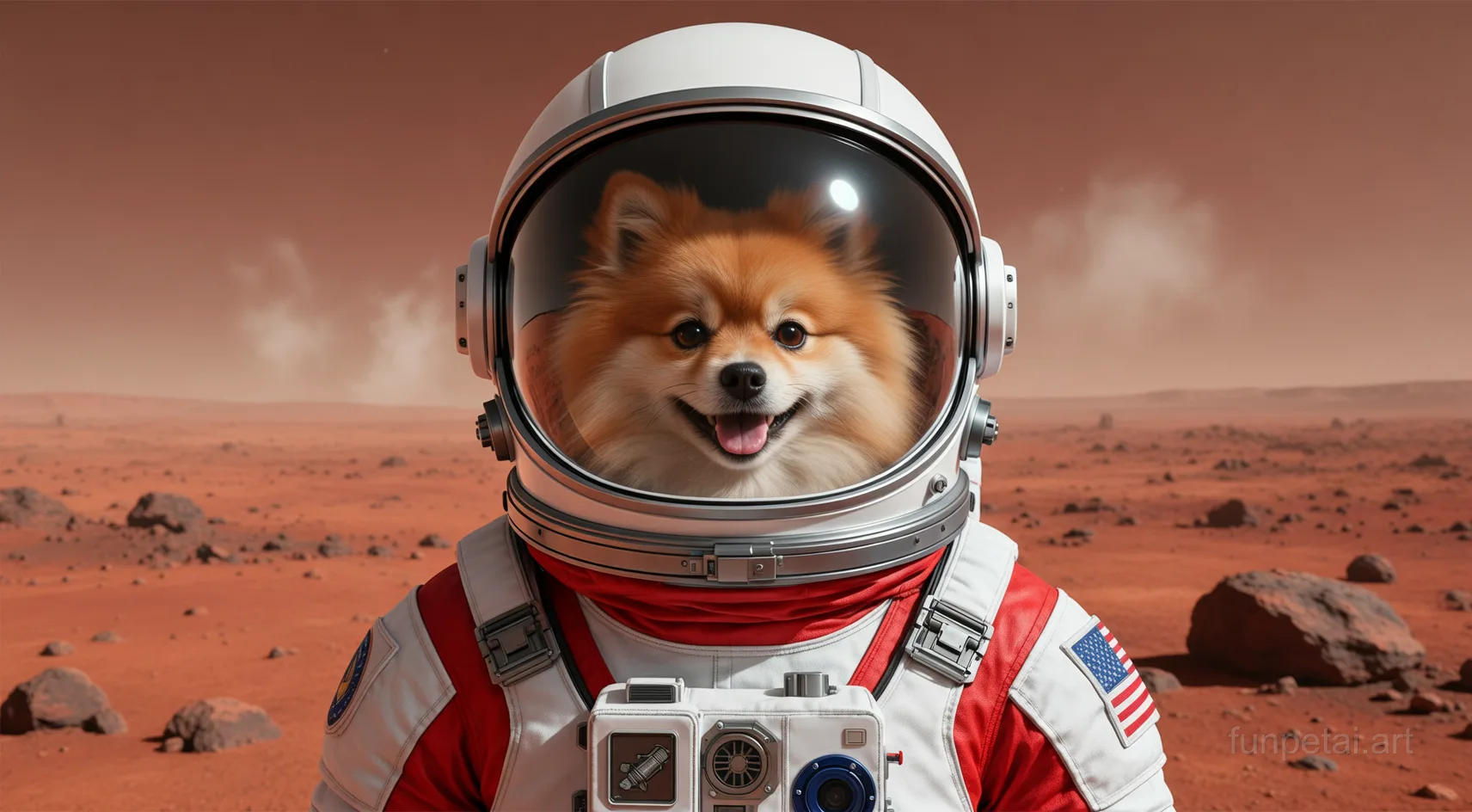 Pomeranian wearing a space suit on Mars, red planet glow, cinematic AI pet portrait