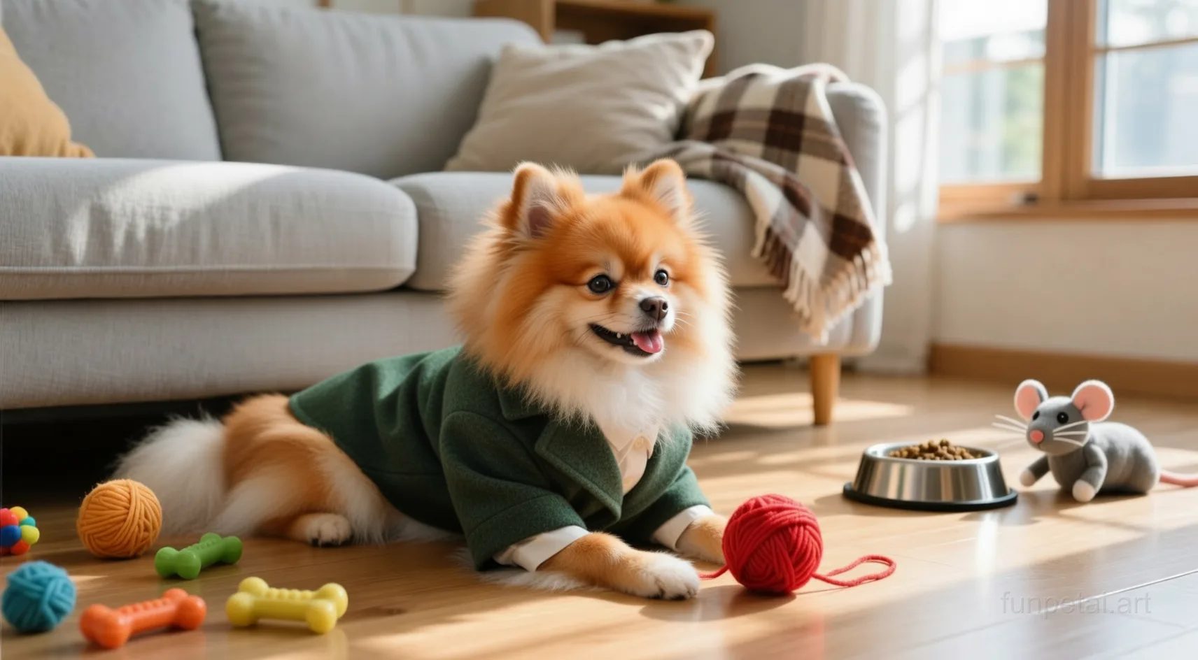 Pomeranian in an old money portrait with cashmere texture, cinematic AI pet portrait