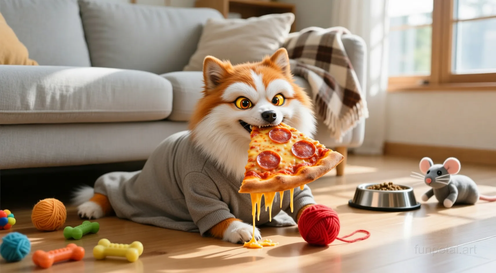 Pomeranian stealing a pizza slice with a playful expression, cinematic AI pet portrait