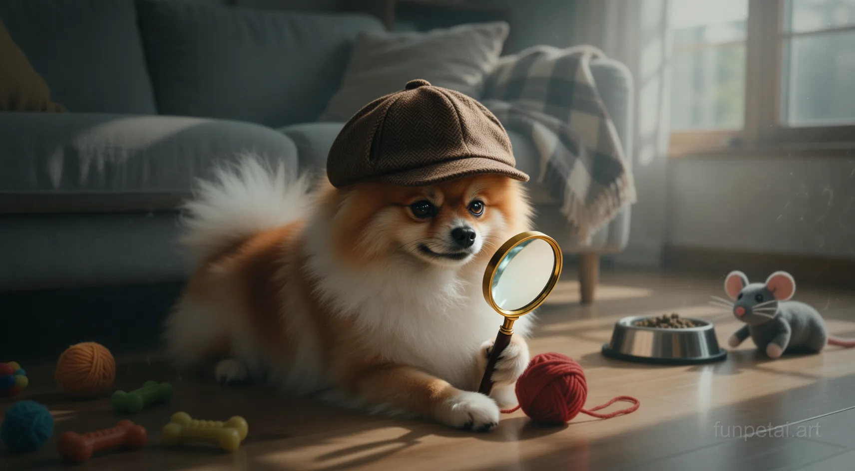 Pomeranian as a detective with a deerstalker hat and magnifier, cinematic AI pet portrait