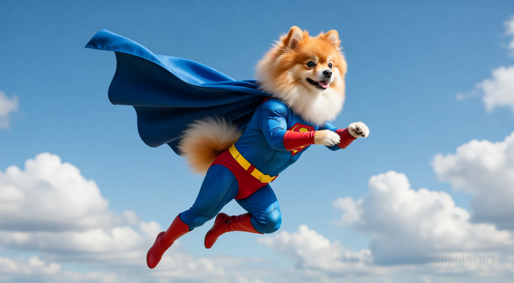 Pomeranian as a superhero with a cape and heroic sky, cinematic AI pet portrait