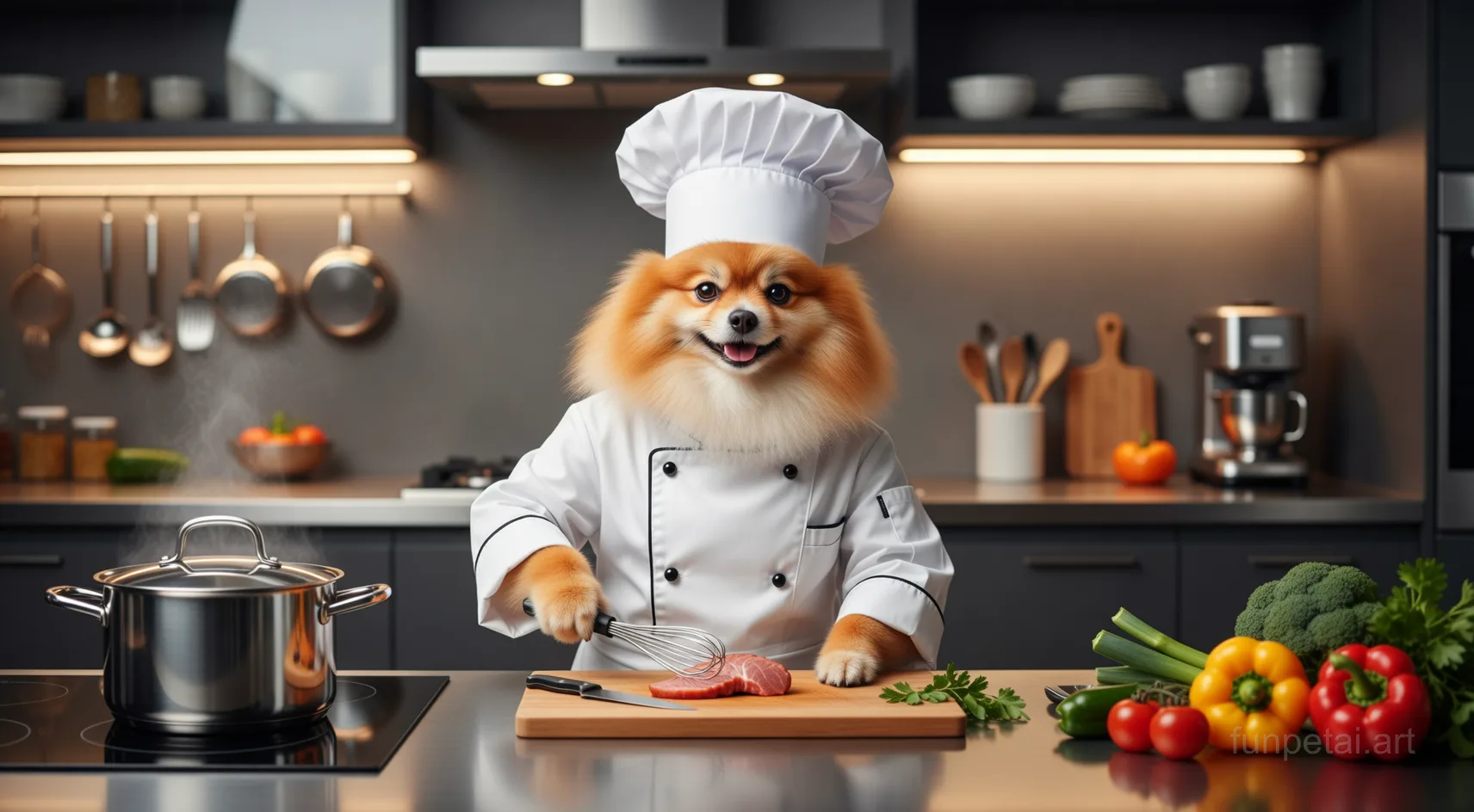Pomeranian wearing a chef hat in a modern kitchen, cinematic AI pet portrait