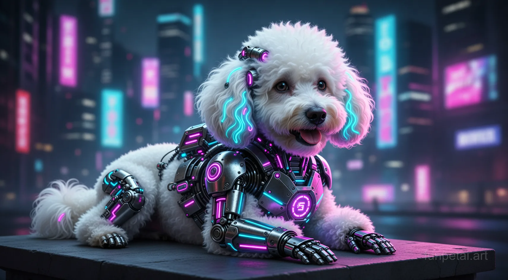 Poodle in neon cyberpunk city lights with metallic accents, cinematic AI pet portrait