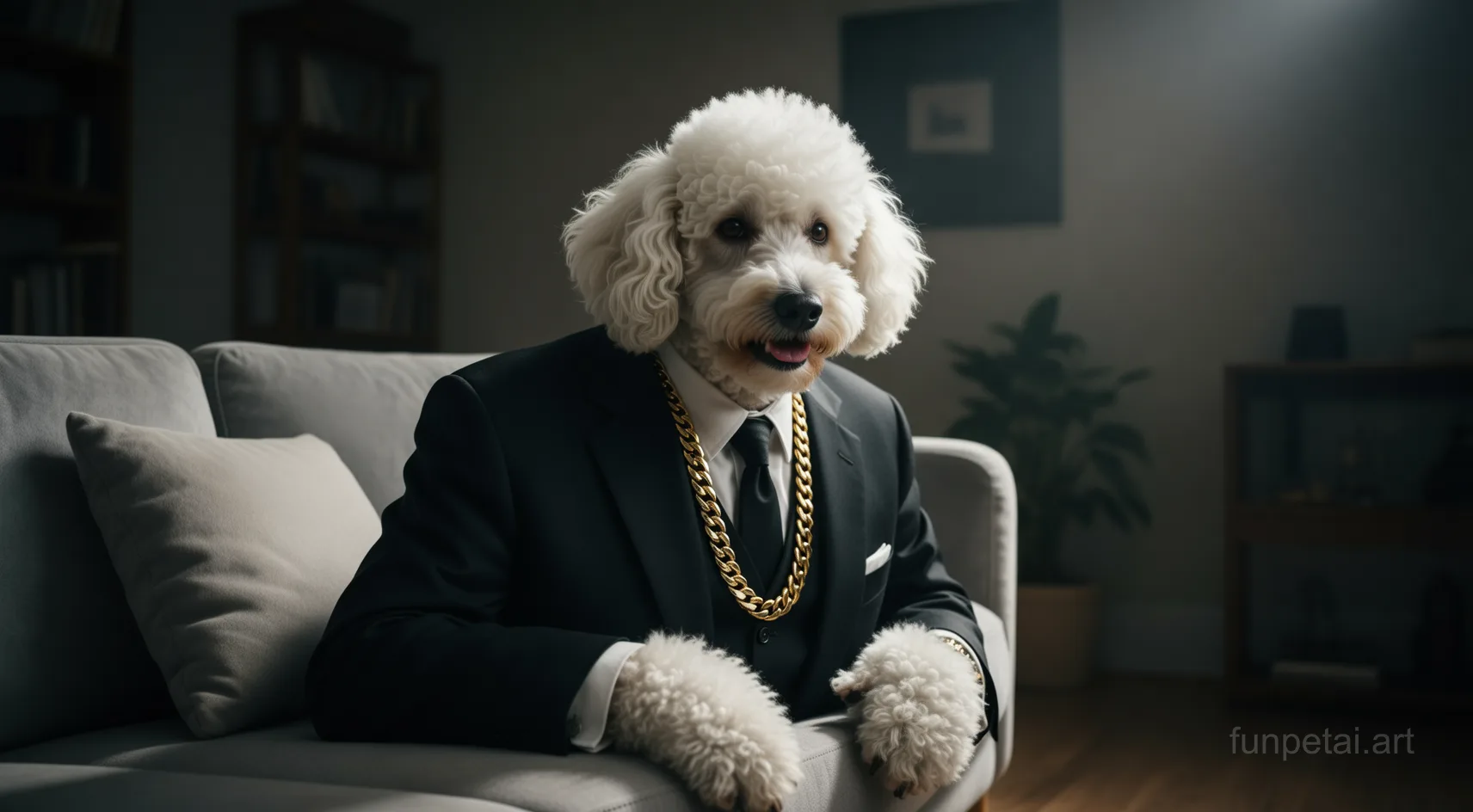 Poodle in a dark suit with gold chain, cinematic noir lighting, cinematic AI pet portrait