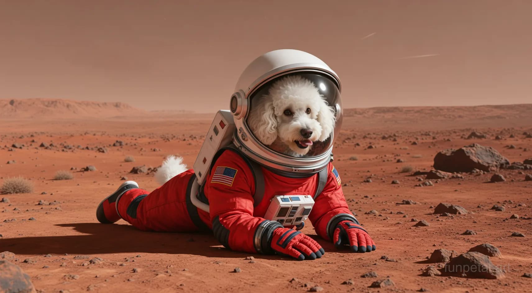 Poodle wearing a space suit on Mars, red planet glow, cinematic AI pet portrait