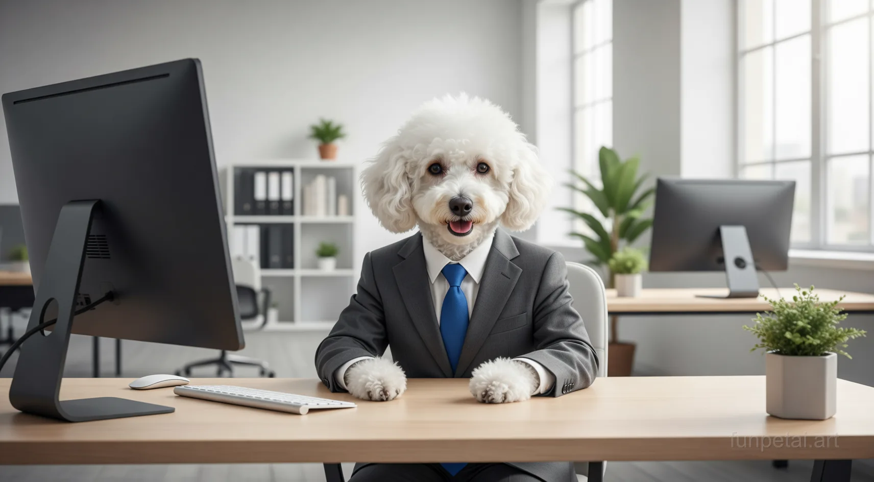 Poodle in a tailored suit at a modern office desk, cinematic AI pet portrait