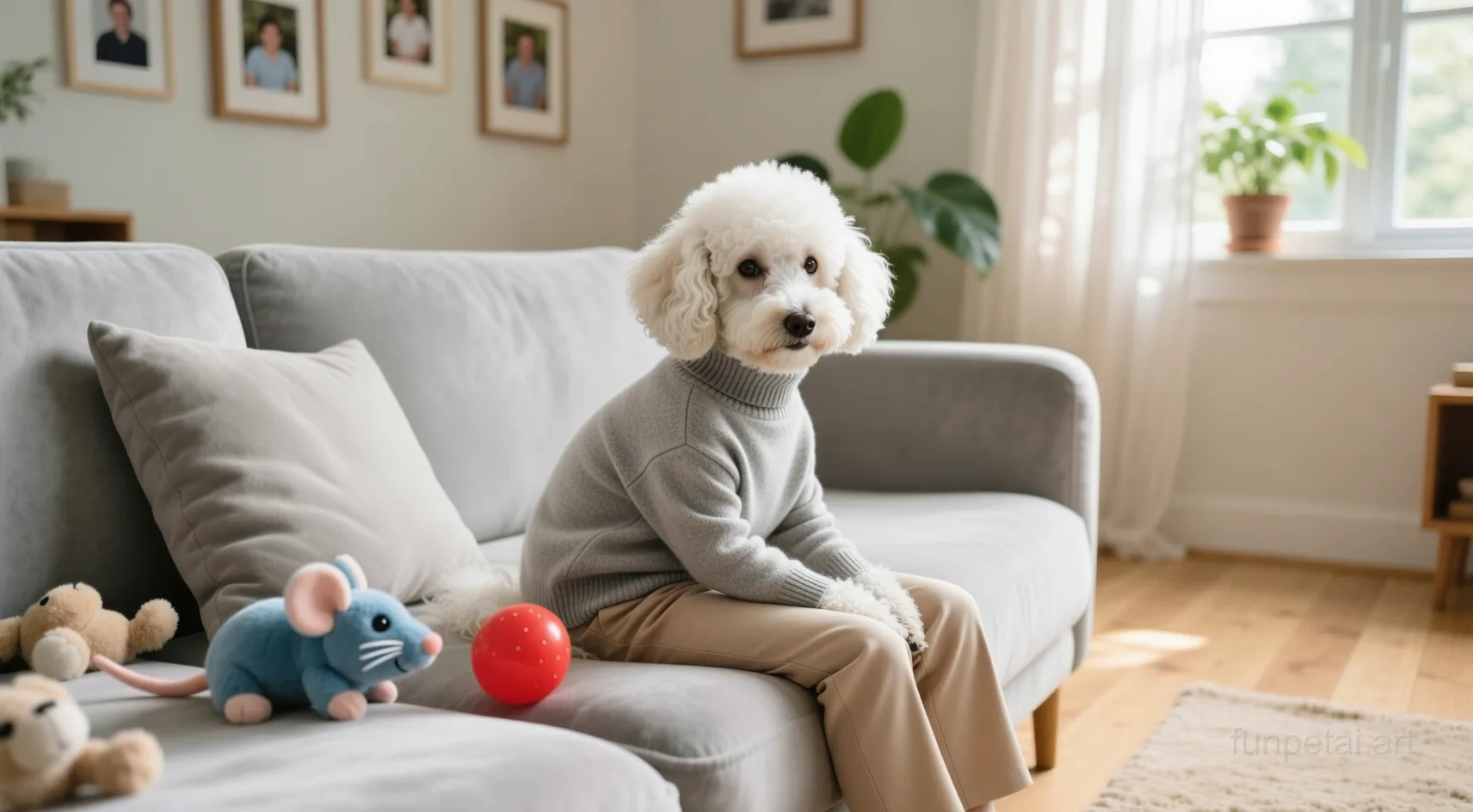 Poodle in an old money portrait with cashmere texture, cinematic AI pet portrait