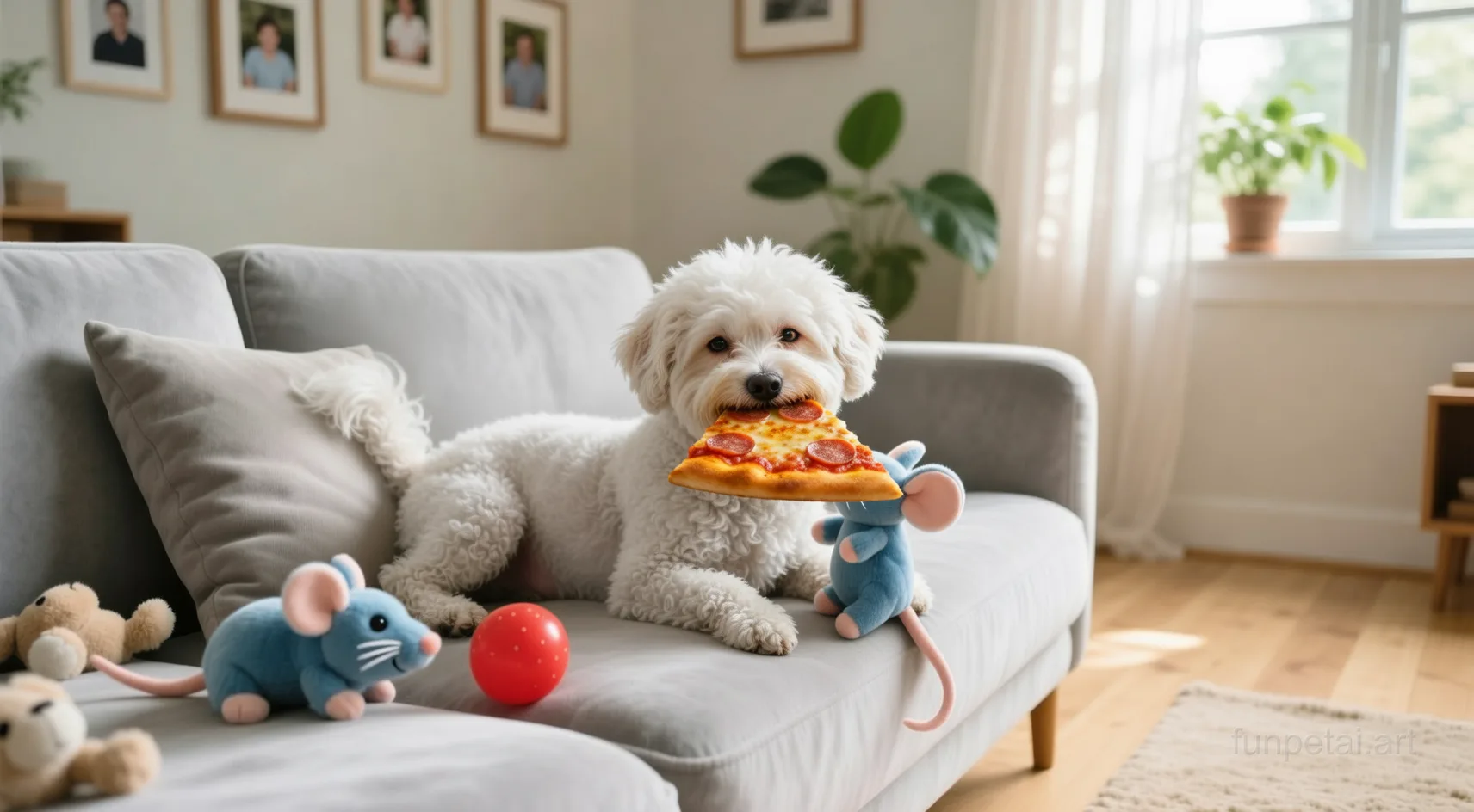 Poodle stealing a pizza slice with a playful expression, cinematic AI pet portrait