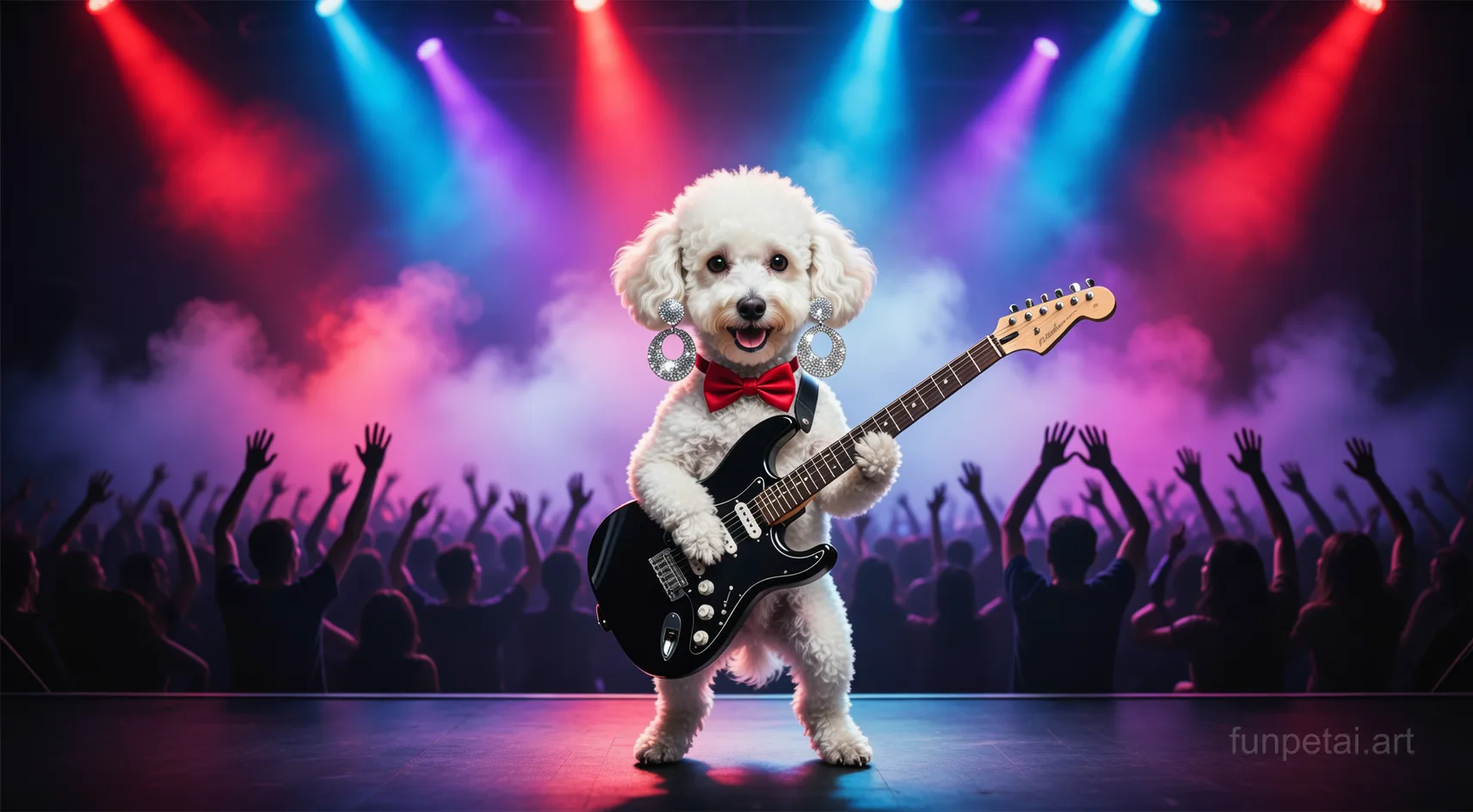 Poodle on stage with an electric guitar and concert lights, cinematic AI pet portrait