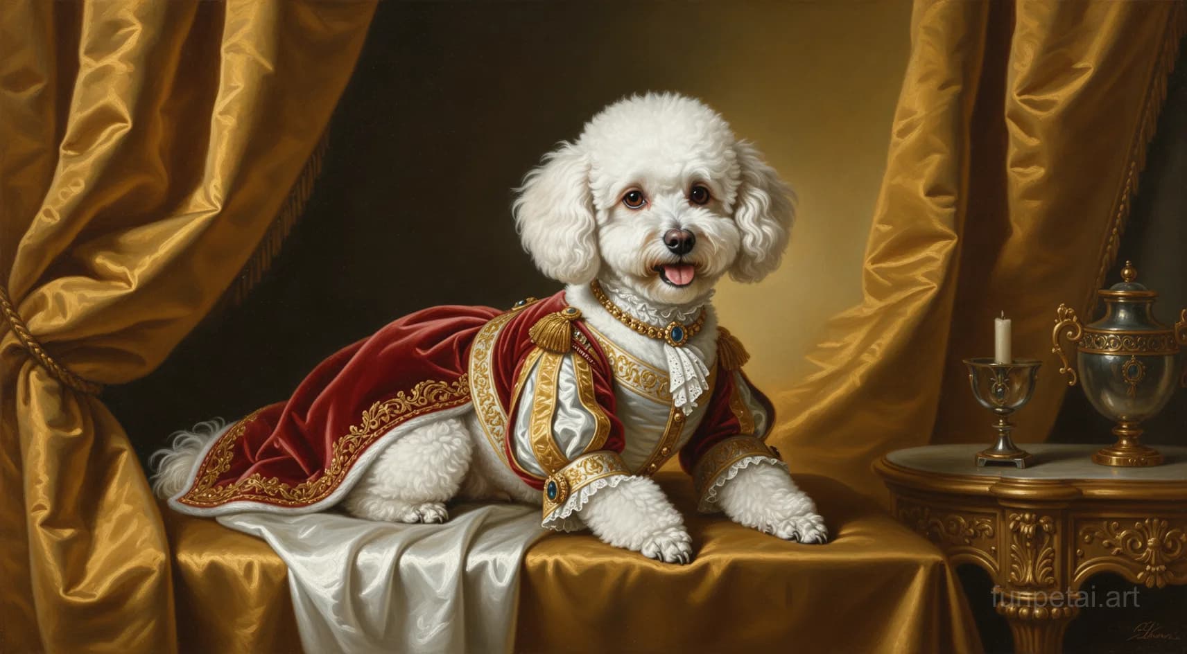 Poodle in a royal portrait with ornate outfit, classic oil texture, cinematic AI pet portrait
