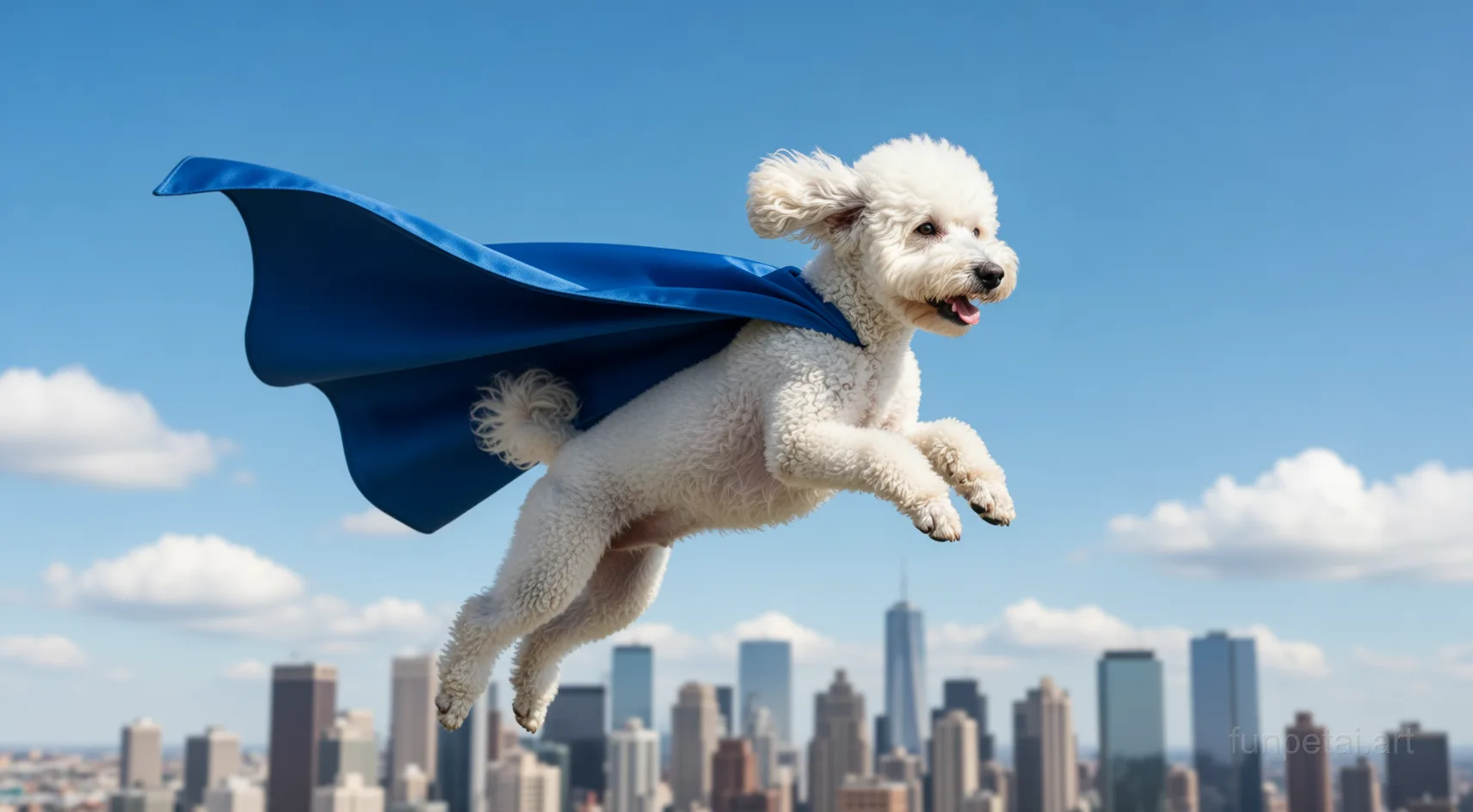 Poodle as a superhero with a cape and heroic sky, cinematic AI pet portrait