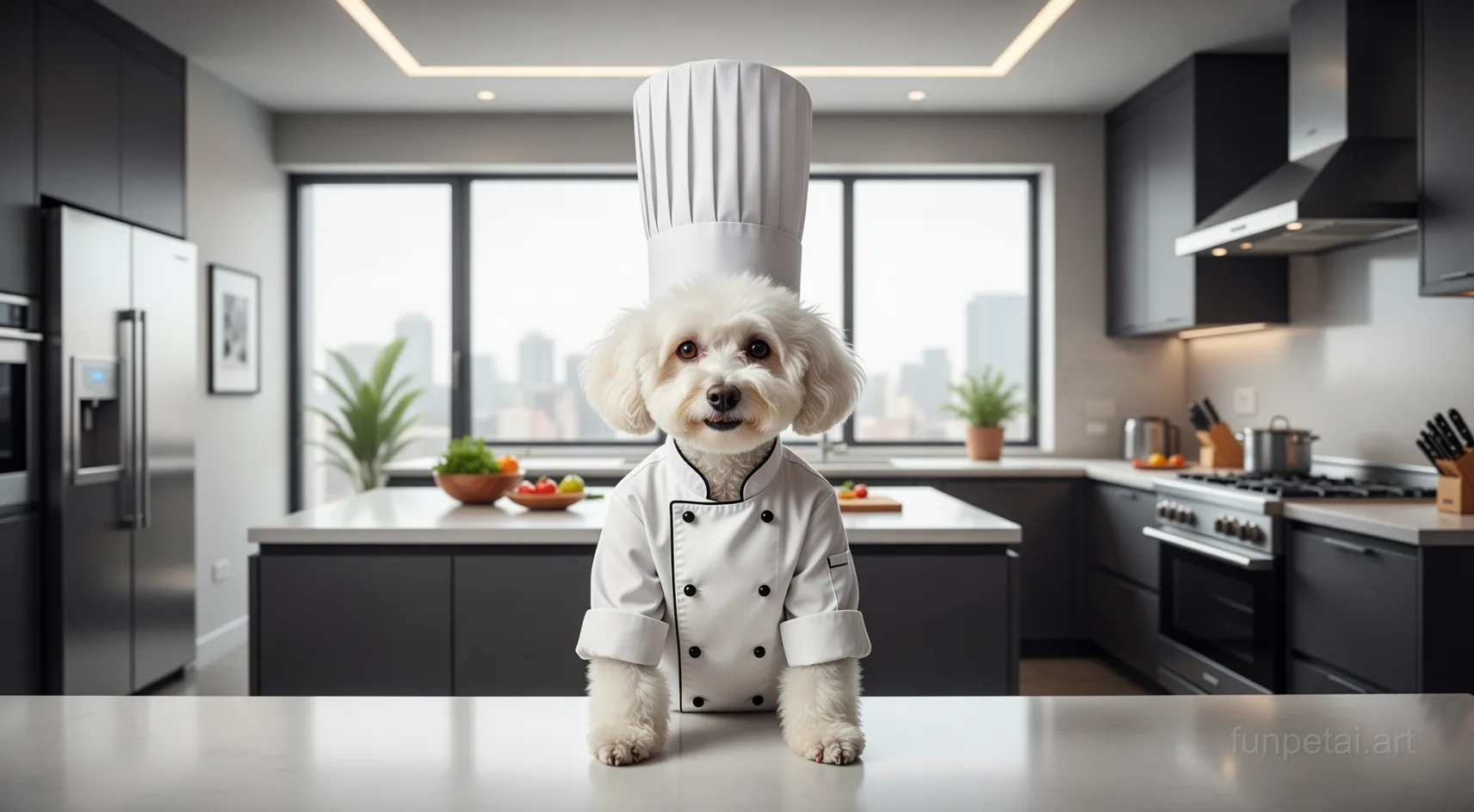 Poodle wearing a chef hat in a modern kitchen, cinematic AI pet portrait