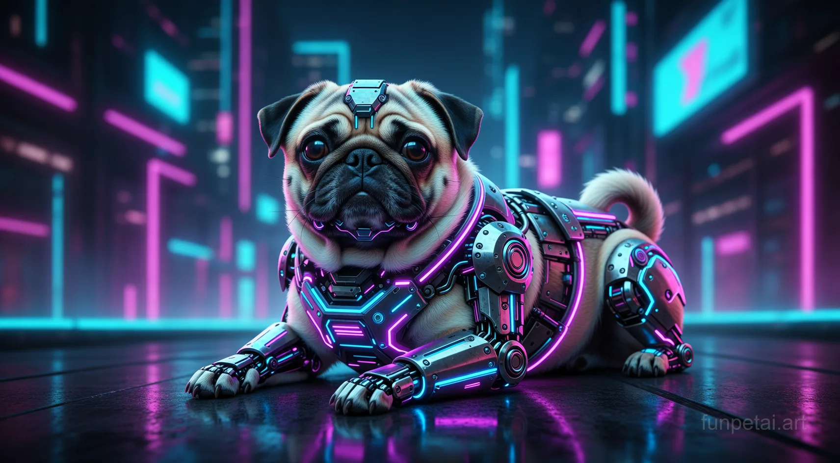 Pug in neon cyberpunk city lights with metallic accents, cinematic AI pet portrait